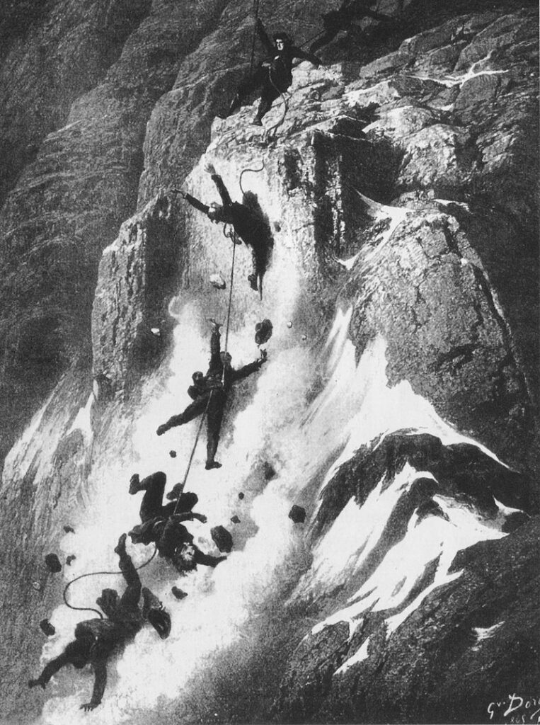 Neštěstí při prvovýstupu na Matterhorn dne 14. července 1865. Ilustrace: Gustave Doré